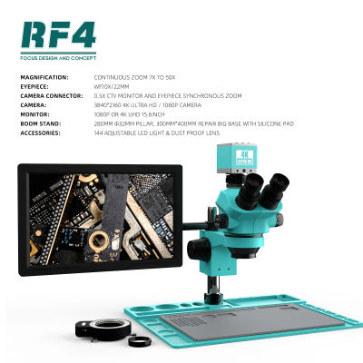 Cámara Trinocular estéreo RF4 7-50X, 4K, HDMI, USB, Monitor de 15,6 pulgadas, reparación electrónica/laboratorio/Microscopio de joyería, RF7050TVD2-M156