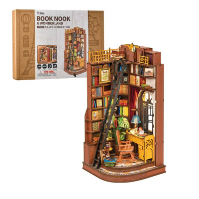 Robotime Rolife, estudio de esquina silencioso, bricolaje, rincón de libros, estante de inserción, casa de muñecas en miniatura de madera para estantería, muebles de inserción TGE02