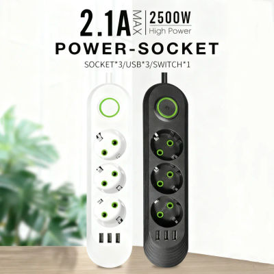 Regleta de 2500W con 3 puertos USB, enchufe europeo, Cable de extensión de 2m, adaptador de cargador eléctrico de salida de CA de Pin redondo de carga rápida