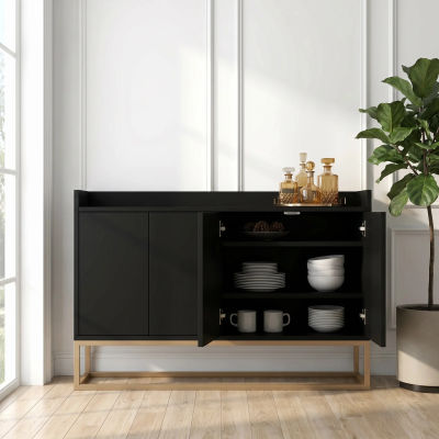 Comanlai Mueble de Comedor de Madera de 120×30×80 cm, Moderno Mueble con 4 Puertas y Cajones, con Patas de Metal Doradas, para Dormitorio o Sala de Estar, Negro/Blanco/Azul