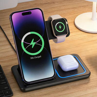 Base de Carga Inalámbrica Rápida LED de 15W, Estación de Carga Plegable 3 en 1 para iPhone 17-11, Apple Watch 9 8 7 6 5, Airpods Pro