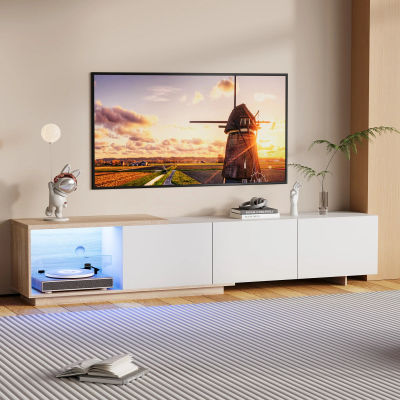 Mueble para TV Negro de 200 cm, Mueble para TV Moderno con Iluminación LED, Mueble para TV con 3 Puertas de Almacenamiento y Estantes Abiertos de Vidrio para Sala de Estar y Dormitorio