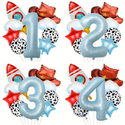 Set de 9 Globos de Número 1-9 con Diseño de Sombrero de Vaquero y Cohete, para Fiestas de Cumpleaños, Baby Shower, Bautizos, Bodas y Celebraciones