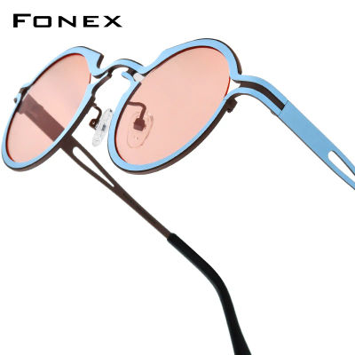 FONEX Gafas de sol de titanio para mujer, diseño de marca, gafas de sol polarizadas redondas retro vintage, gafas de sol polarizadas japonesas para hombre 85835
