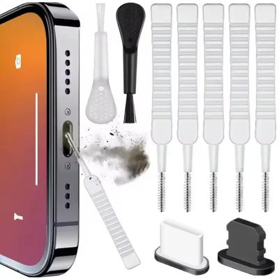 Kit de Limpieza para Altavoces y Puertos de Carga de Teléfonos Móviles, con Cepillo y Tapones Antipolvo para iPhone 16, 15, 14, Auriculares y Samsung Xiaomi