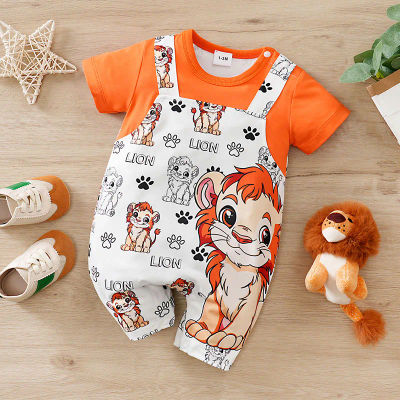 2025 Pelele de manga corta para bebés recién nacidos de 0 a 18 meses, bonito estampado de León con diseño de imitación de dos piezas, ropa de verano para bebés