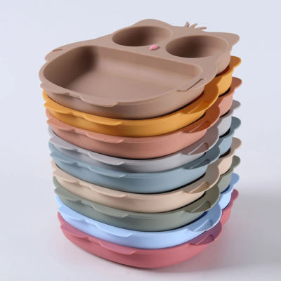 Vajilla de silicona para niños, plato de búho de dibujos animados con ventosa, cuencos y platos de silicona para bebés, ayuda para comer para entrenamiento infantil