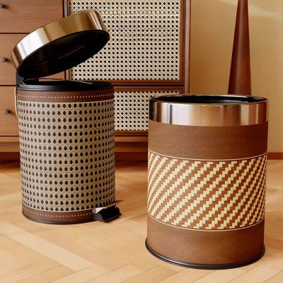 Cubo de basura con pedal, efecto mimbre y veta de madera, con control de olores, tapa silenciosa y pedal sin contacto, para cocina, oficina y sala de estar