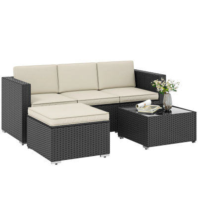 Outsunny Conjunto Muebles de Ratán Jardín Sofá de 3 Plazas Mesa y Reposapiés