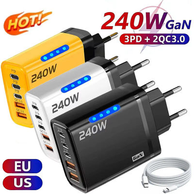 Cargador de escritorio USB C 5 en 1 GaN de 240W con carga rápida, adaptador para teléfono, cable trenzado tipo C para iPhone, Samsung, Xiaomi, con enchufe EU/US.