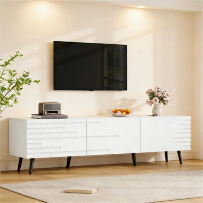 Soporte para TV grande blanco de 180x40x48 cm con 3 puertas abatibles – Mueble bajo con diseño impreso, compatible con televisores de hasta 80 pulgadas – Mueble de almacenamiento espacioso para sala