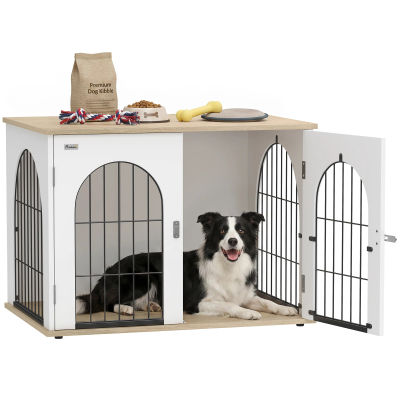 Jaula para perros PawHut, mueble para interiores con arco y doble puerta, se puede usar como mesa auxiliar metálica, 80x56x59cm, color blanco
