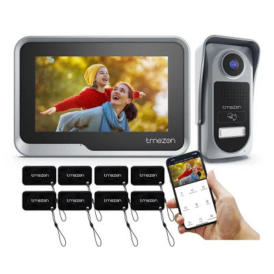 Videoportero WiFi TMEZON de 2 Cables con Intercomunicador, Monitor Táctil de 7 Pulgadas 1080P, Desbloqueo 4 en 1 por APP/Tarjeta, Compatible con Tuya App
