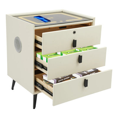 Mesita de Noche Inteligente con Cerradura de Huella Digital, Carga Inalámbrica, Altavoz Bluetooth, Luz de 3 Colores, 3 Cajones, Madera Maciza