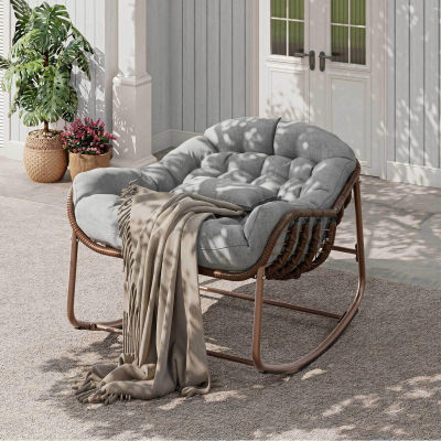 Sillón mecedora Papasan extragrande para patio – Sillón mecedora de mimbre y ratán para exteriores con estructura metálica resistente y cojín grueso resistente al agua, cómoda silla de lectura tipo