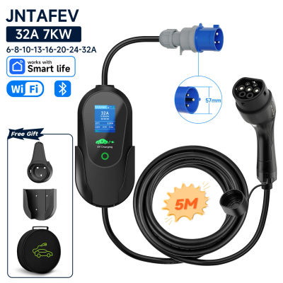 Cargador Portátil para Vehículos Eléctricos de 7.2KW 32A Monofásico Tipo 2, Cable de Carga Rápida EVSE con Control por WiFi, APP y Bluetooth