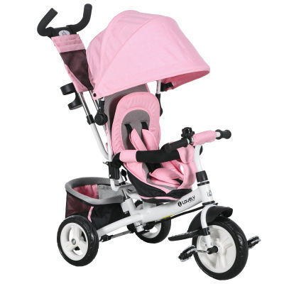 HOMCOM Triciclo para Bebés de +12 Meses con Mango de Empuje Telescópico y Desmontable Bolso para Mamá y Portabotellas Rosa