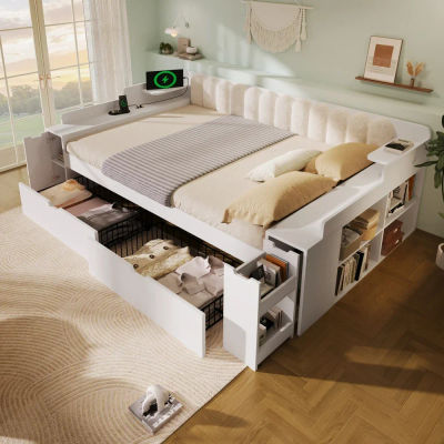 Sofá cama multifuncional, moderno sofá cama tapizado en sherpa blanco con estructura de malla metálica resistente y marco de madera, 2 amplios cajones de almacenamiento, estante lateral, mueble 2 en 1