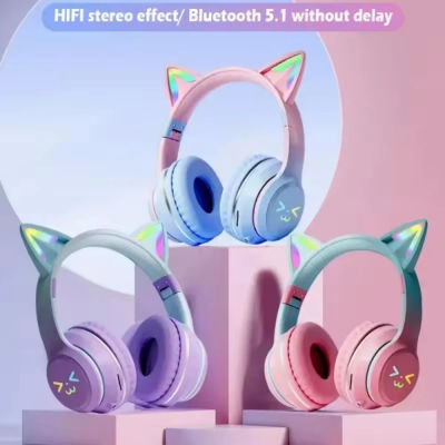 Auriculares inalámbricos con gradiente RGB, bonitos auriculares Bluetooth con oreja de gato y micrófono, auriculares estéreo para juegos de música, regalos para niñas y niños