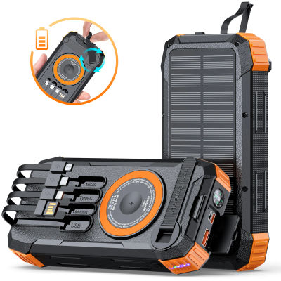 Banco de Energía Solar de 50000mAh con Manivela, Cargador Portátil de Emergencia para Exteriores con 4 Cables Integrados, Linterna LED Dual