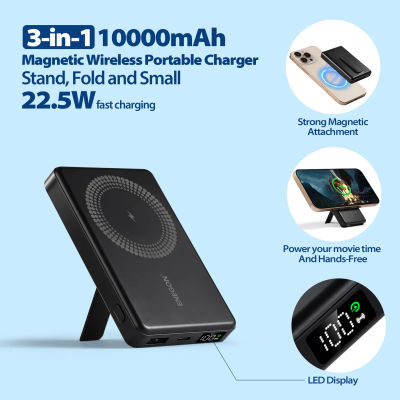 Banco de Energía Inalámbrico Magnético de 10000mAh con Soporte, Carga Rápida de 22.5W, Pantalla LED, Cargador Portátil para iPhone 17/16 Samsung