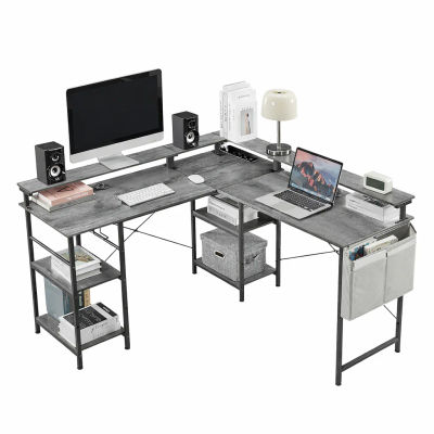 Escritorio en forma de L, escritorio esquinero con enchufes y USB, mesa para juegos con tira de LED RGB, escritorio para computadora con soporte para monitor, mesa de trabajo, escritorio grande para
