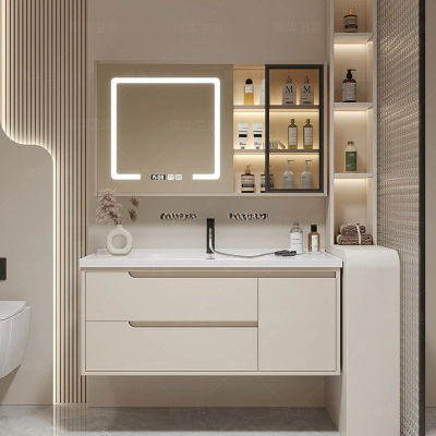 Mueble de baño con lavabo integrado de cerámica y madera maciza, combinación de lavabo y mueble de baño.