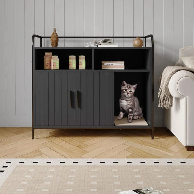 Mueble para Arenero de Gatos Oculto con 2 Compartimentos de Almacenamiento, Tapete Rascador, Gabinete de Doble Puerta, Entrada Frontal, Elegante Marco Metálico, Baño para Gatos, Mesa Auxiliar Lateral,