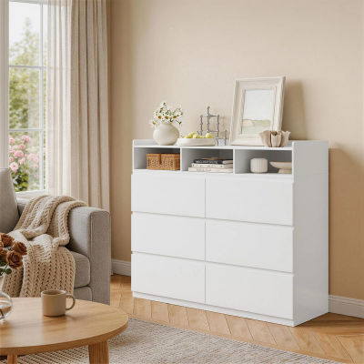 WOLTU Cómoda con 6 cajones y 3 compartimentos abiertos, mueble de almacenamiento moderno, aparador para dormitorio, sala de estar, pasillo, 120x40x100cm
