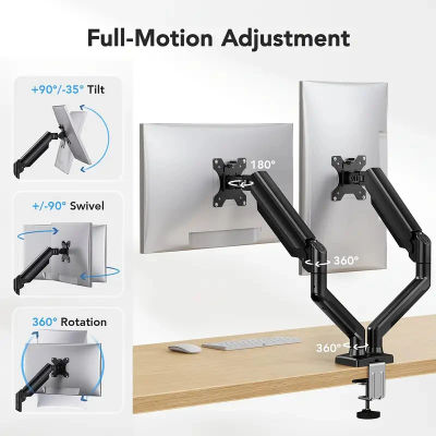 Soporte de monitor dual para pantallas de 13′′–32′′, soporte de monitor dual ajustable, con 180 ° Giratorio, Inclinable, 360 ° Rotación para la oficina en casa