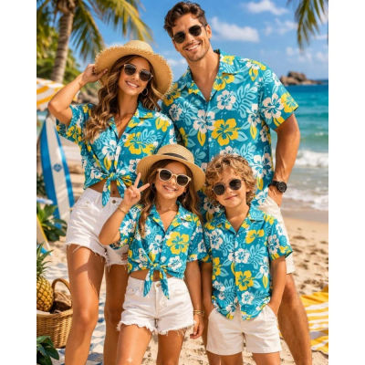 Camisa Hawaiana para Niños con Estampado de Plantas y Flores, Vestido Familiar, Estilo Vacaciones en la Playa, Camiseta para Padres e Hijos, Tops para Hombre