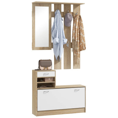 Mueble de entrada HOMCOM con perchero, espejo y banco para zapatos - 6 ganchos y estante ajustable