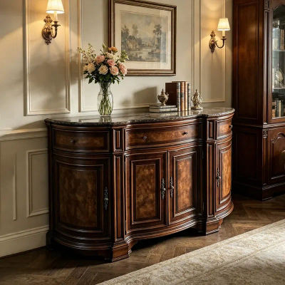 Mueble de Madera Maciza Tallada con Flores, Estilo Retro, para Vino, Aparador Antiguo para Comedor, Mueble de Almacenamiento con Vitrina para Sala de Estar