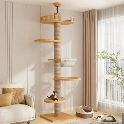 Piso de árbol para gatos, muebles de madera maciza para mascotas, torre de árboles multifunción para escalar, marco de escalada para gatos multicapa ajustable