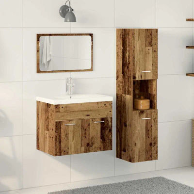 Conjunto de muebles de baño de 4 piezas en color marrón con estantería, lavabo, armario y espejo en madera de ingeniería
