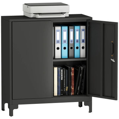 HOMCOM Mueble de escritorio de 2 niveles, mueble de almacenamiento de metal con 2 puertas con cerradura, 80x35x91 cm, Negro