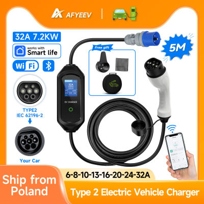 AFYEEV 32A 7.2KW cargador EV portátil Type2 IEC62196-2 cargador de vehículo eléctrico Cable de carga EVSE Wi-Fi Bluetooth Control de aplicación
