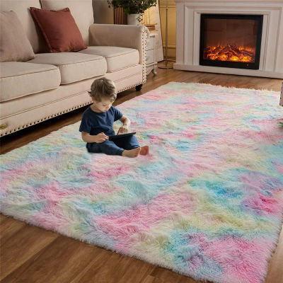 VIKAMA-Alfombra de lana de seda con degradado Tie-Dye, alfombra suave de felpa para área, decoración de habitación, dormitorio de niños, sala de juegos, estera antideslizante Kawaii