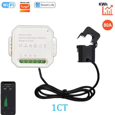Medidor de Energía Inteligente WIFI AC100-240V 1CT con Pinza Amperimétrica, Control por App Tuya, Monitor de Potencia 80A, Estadísticas de Electricidad 50/60Hz, Vida Inteligente