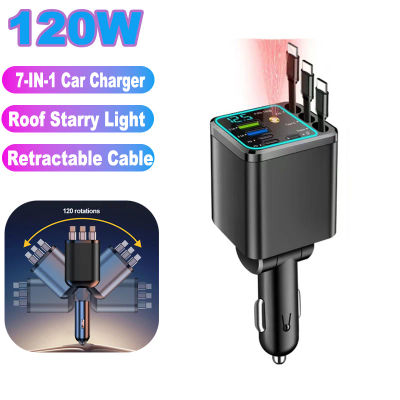 NUEVO Cargador de Coche 7 en 1 de 120W con Carga Rápida PD Tipo C, Voltímetro Digital y 3 Cables Retráctiles para Teléfonos IOS y Android