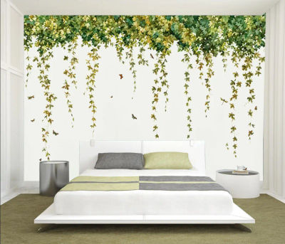 Papel Tapiz Personalizado Pintado a Mano con Hojas de Plantas, Ramas de Árboles, Murales, Sauce Llorón, Hojas de Hiedra, Pinturas Decorativas Murales