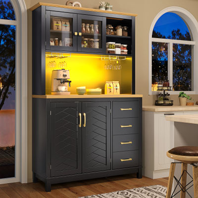 Mueble de Cocina, Mueble Buffet de 180 cm, Mueble de Almacenamiento para Cocina con Iluminación LED y Portavasos, 105.5x40x180 cm