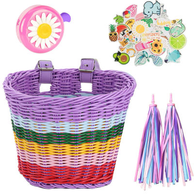 Juego de cesta delantera de mimbre para bicicleta, accesorios de manillar de mimbre de PE, campana, borla y pegatinas ajustables, tejidos a mano para niños y adultos, 4 unidades