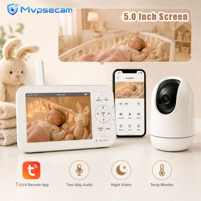 Monitor inalámbrico para bebés con pantalla LCD de 5 pulgadas, cámara WiFi, aplicación y pantalla, control dual, audio bidireccional, visión nocturna por infrarrojos, monitorización de temperatura,