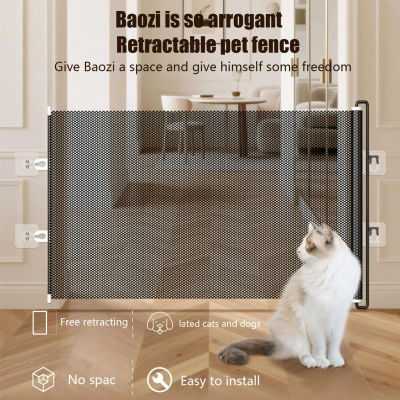Barrera de seguridad retráctil para mascotas, puertas para bebés, barrera telescópica para escaleras, 49 pulgadas de ancho, sin perforación