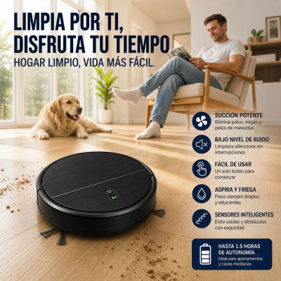 Robot Aspirador y Fregador Inteligente de 11W con Diseño Ultrafino de 7cm, Autonomía de 1.5 Horas, 3 Modos de Limpieza y Sensores Anticaídas para Suelos Duros y Alfombras de Pelo Corto