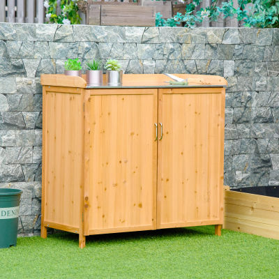 Mueble de jardín y mesa para macetas 2 en 1 de Outsunny con doble puerta, estante y bandeja de chapa galvanizada