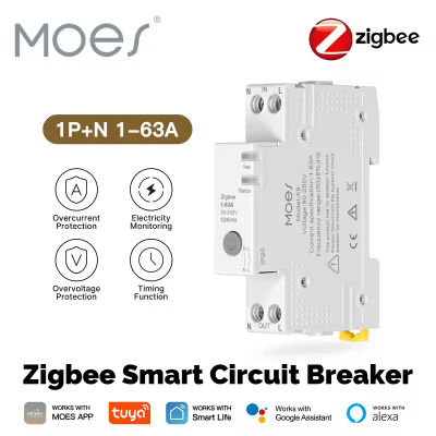 MOES Tuya Zigbee disyuntor inteligente 63A juego de umbral de alarma Monitor de electricidad V0 ignífugo para Alexa Google Home