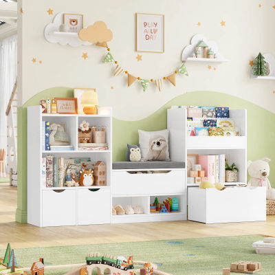 Getone Almacenaje Juguetes 183.5CM,Mueble Almacenaje Juguetes con Banco,Estantería Infantil Montessori con 11 estantes, Librería infantil 3 cajones con ruedas, 183.5x29.8 x94.5 cm