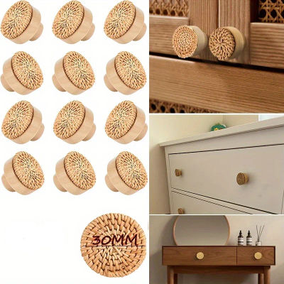 Manija de puerta de madera maciza, tejido Circular pequeño de mimbre, armario creativo de un solo orificio, herrajes para cajones de zapatos minimalistas